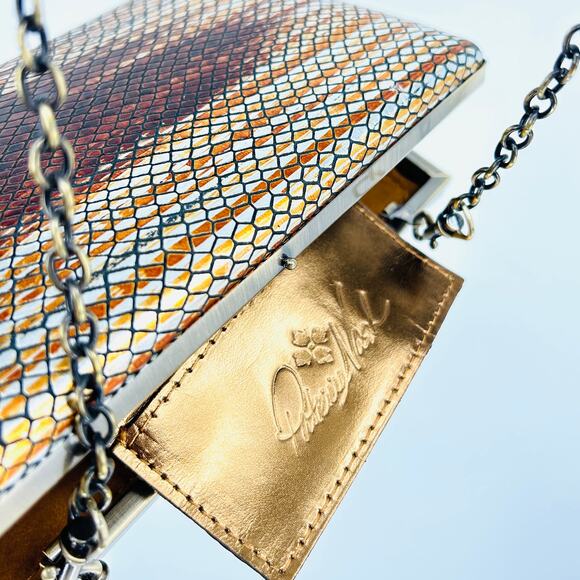Patricia Nash Copper Metallic Snakeskin Leather Chain Strap Clutch Evening Bag - Picture 8 of 9